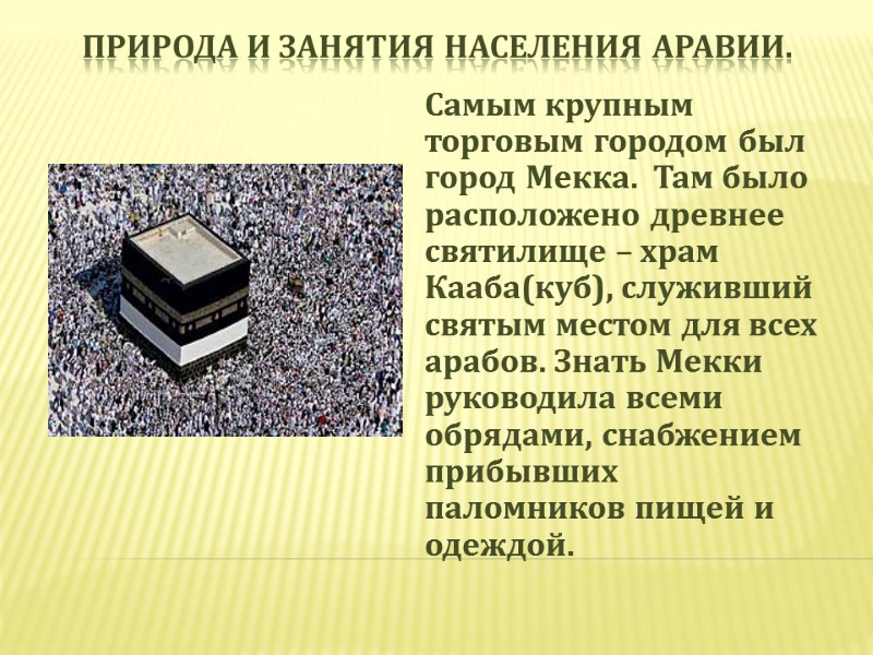 Природа и занятия населения Аравии. Самым крупным торговым городом был город Мекка.  Там